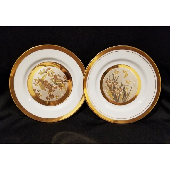 Two (2) Art of Chokin 24KT Gold Edged BIRDS BUTTERFLIES Decorative Plates 6-3/8" - Picture 1 of 8